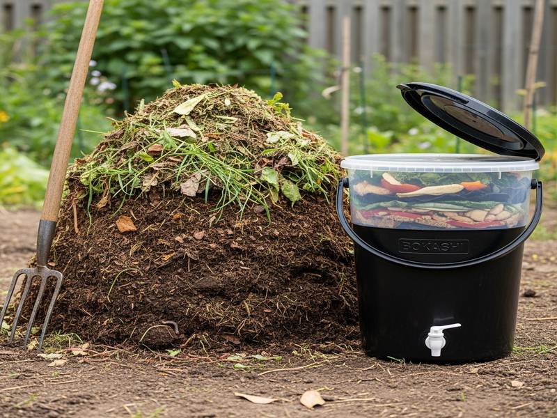 Un tas de compost traditionnel et un seau Bokashi, côte à côte, pour illustrer la comparaison des deux méthodes de gestion des déchets organiques.