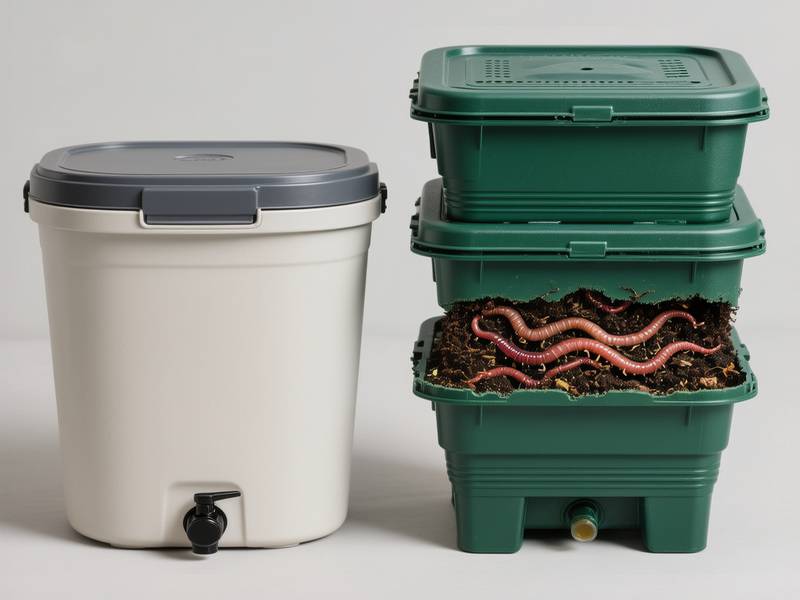 Comparaison visuelle entre un seau Bokashi compact et un lombricomposteur à étages avec des vers.