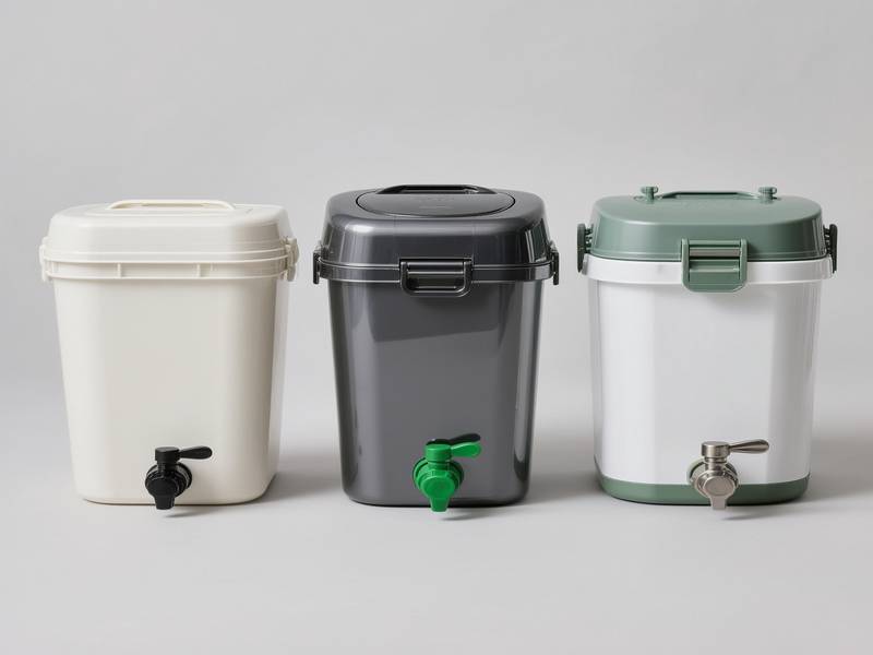 Image de plusieurs modèles de seaux Bokashi côte à côte, illustrant un comparatif de kits.