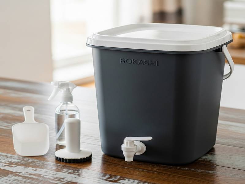 Image d'un seau Bokashi propre et bien entretenu, avec des outils de gestion à côté.