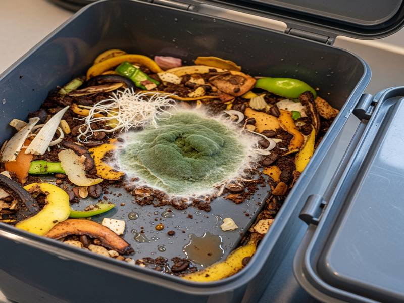 Image illustrant un Bokashi avec une moisissure suspecte ou un problème d'odeur, signalant une erreur de gestion.