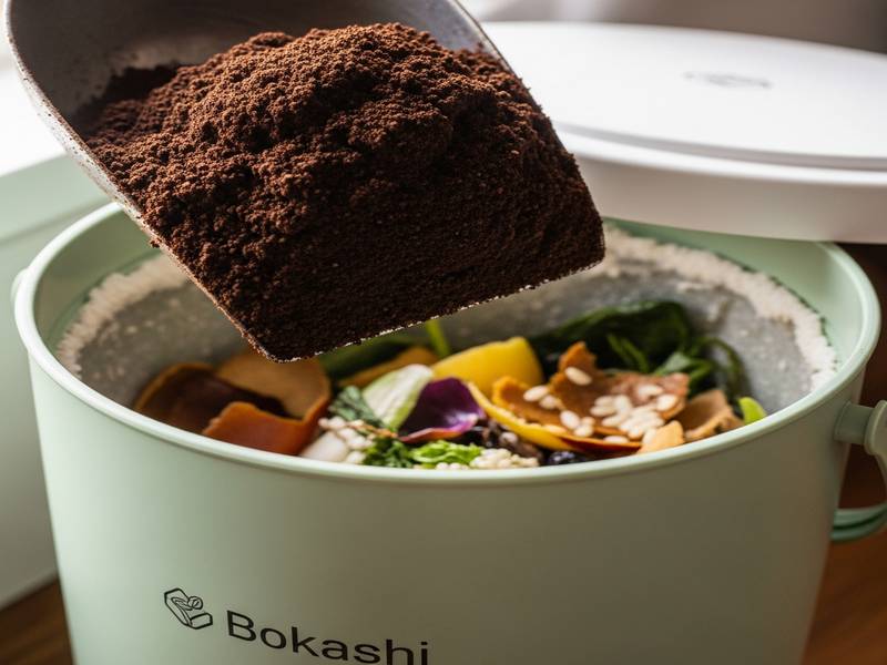 Du marc de café frais prêt à être ajouté à un seau Bokashi, illustrant son utilisation pour le compostage.