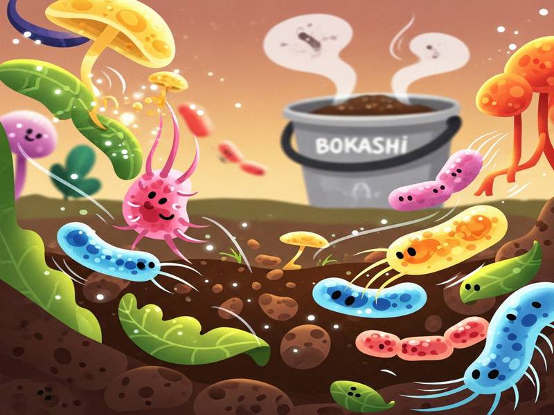 Illustration stylisée de micro-organismes avec un seau Bokashi en arrière-plan, symbolisant leur rôle essentiel.