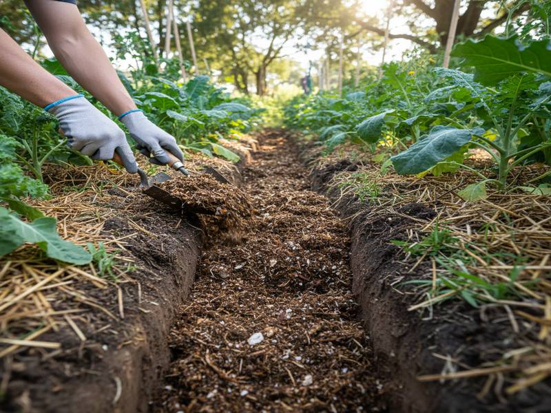 Un tas de pré-compost Bokashi étant enfoui et mélangé à la terre dans une tranchée de jardin.