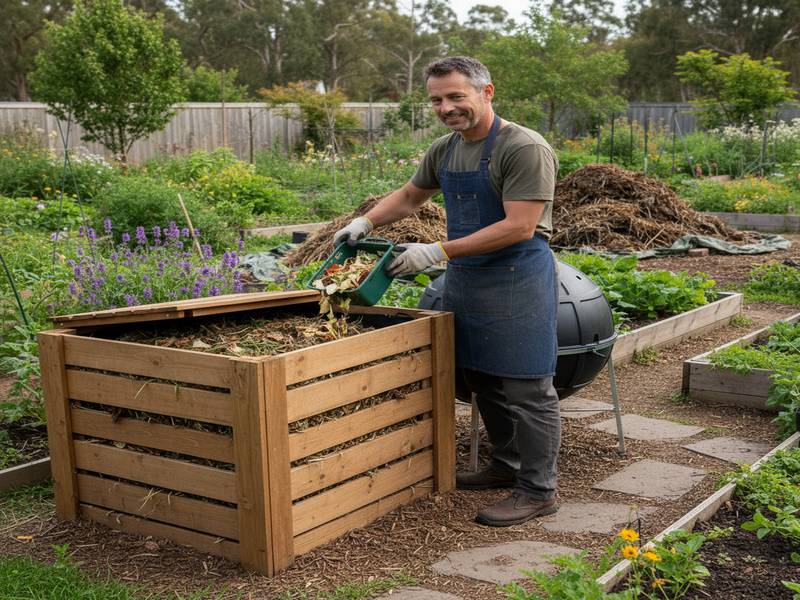 Un jardinier ajoute des déchets organiques dans un composteur en bac en bois, bien intégré dans le jardin.