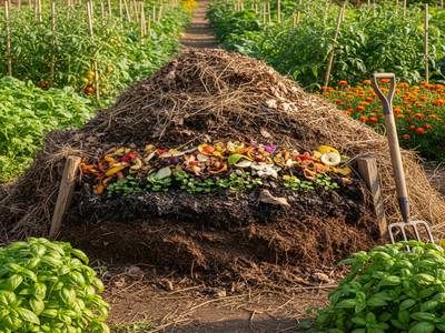 Un tas de compost ouvert, avec différentes couches de matières organiques visibles, au milieu d'un jardin.