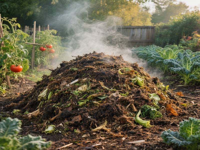 Un grand tas de compost bien géré dans un jardin, avec de la vapeur s'échappant, signe d'une bonne activité microbienne.