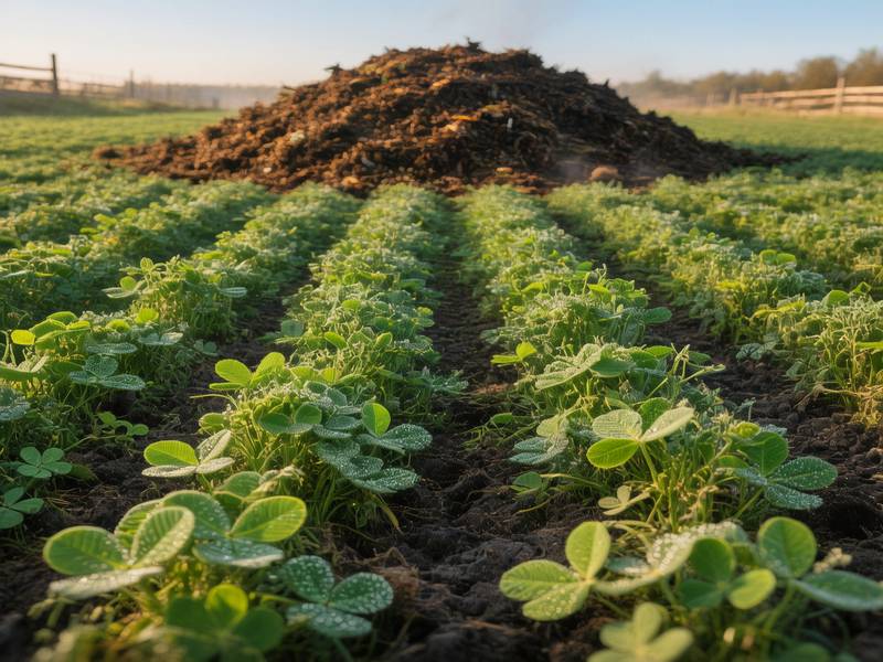 Un champ d'engrais verts en croissance, avec un tas de compost en arrière-plan, symbolisant la synergie.