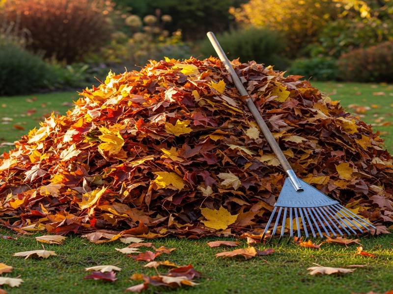 Un tas de feuilles mortes ramassées dans un jardin, avec un râteau, prêtes à être compostées.