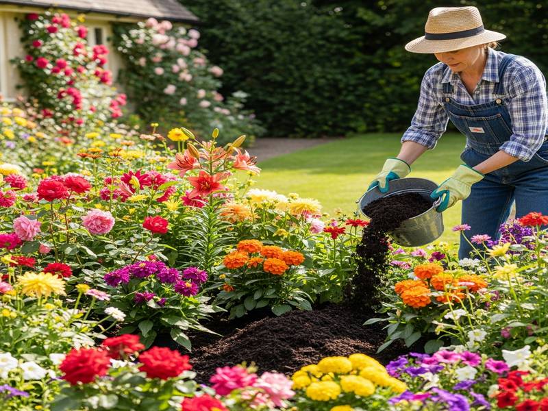 Un massif de fleurs colorées avec un jardinier épandant du compost au pied des plantes.