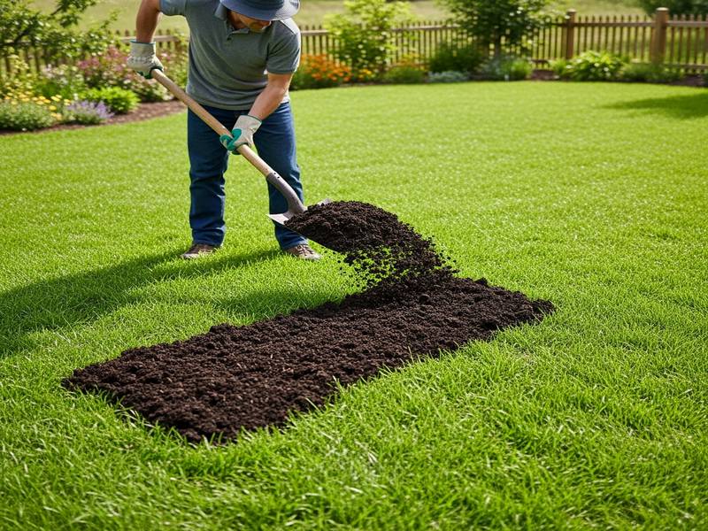 Jardinier épandant du compost sur un gazon vert et dense pour l'enrichir
