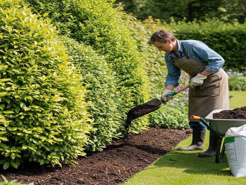 Un jardinier épandant du compost au pied d'une haie dense et verte.