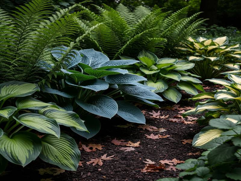 Un massif d'ombre avec des Hostas géants et des fougères poussant sur un sol riche en compost.