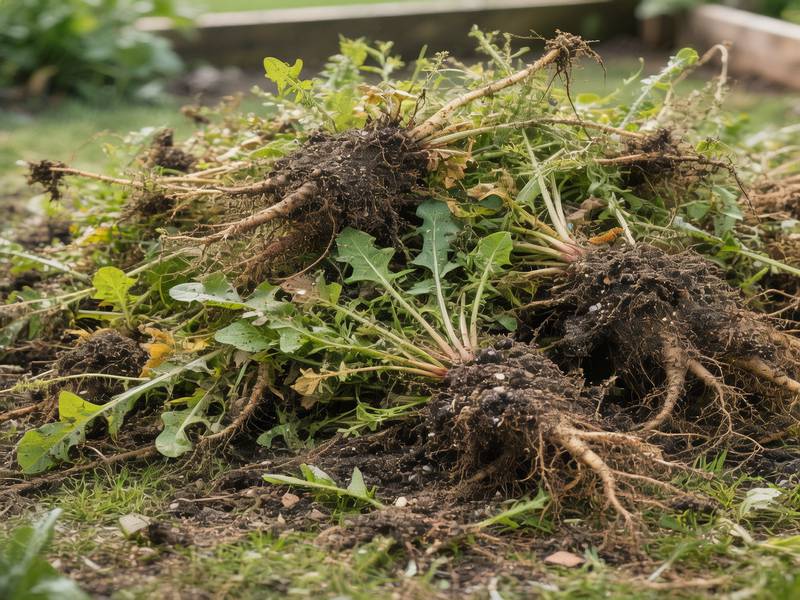 Un tas de mauvaises herbes arrachées, avec des racines et de la terre, prêtes à être ajoutées au compost.