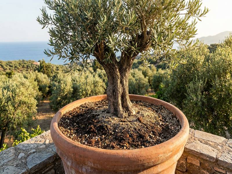Un magnifique olivier en pot bénéficiant d'un surfaçage de compost mélangé à du sable.