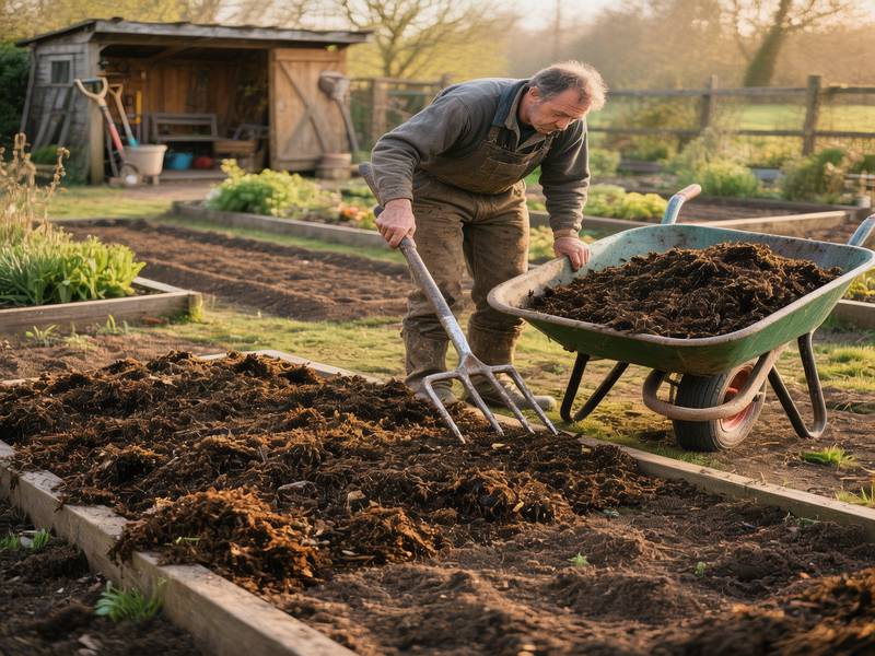 Un jardinier épandant du compost mûr sur les planches de son potager avant les semis et plantations.