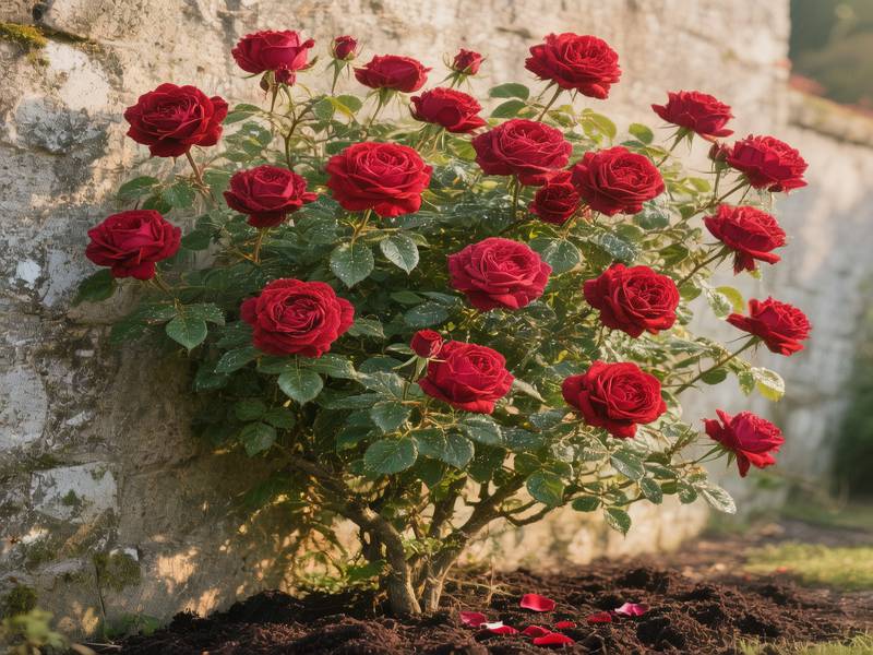 Un rosier grimpant en pleine floraison avec des roses rouges vives, avec du compost épandu à son pied.