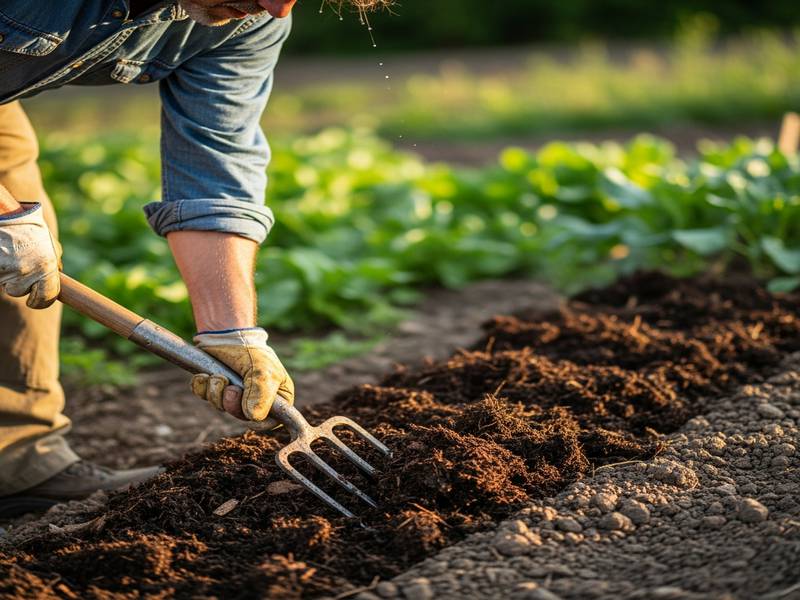 Un jardinier travaillant un sol argileux amendé avec du compost, montrant une terre plus friable et aérée.