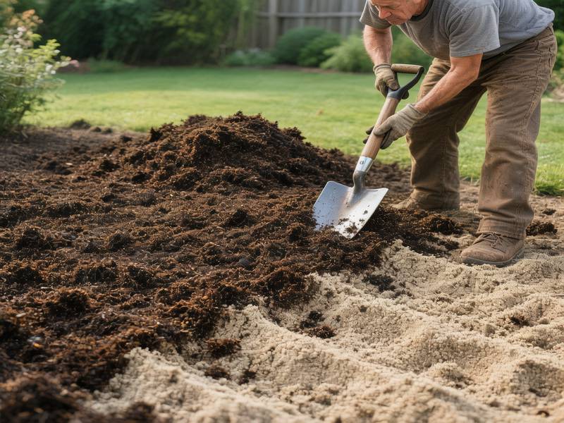 Un jardinier épandant du compost sur un sol sableux clair, améliorant sa texture et sa couleur.