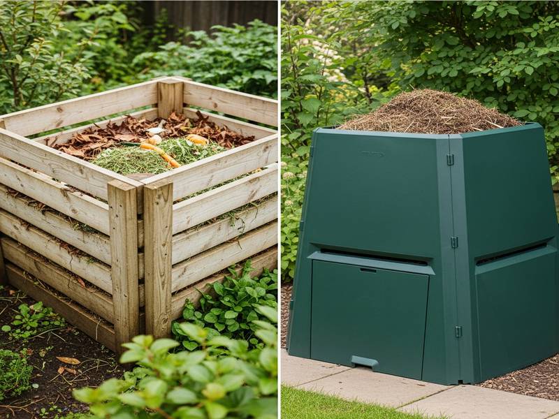 Comparaison côte à côte d'un composteur en bois esthétique et d'un composteur en plastique moderne dans un jardin.