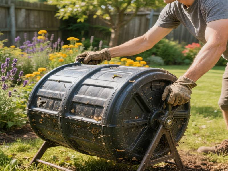 Un composteur rotatif en action dans un jardin, avec une personne le faisant tourner pour brasser le compost.