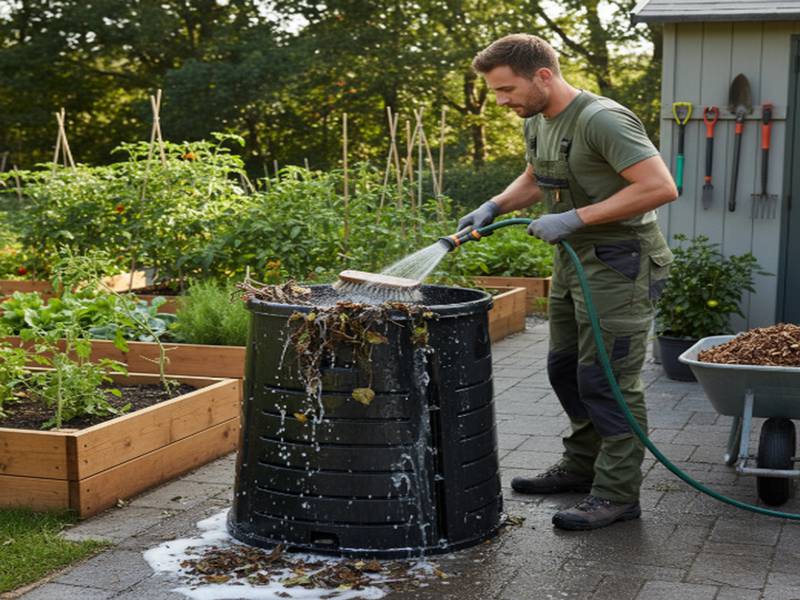 Un jardinier nettoyant un composteur en plastique avec une brosse et de l'eau, près d'un jardin organisé.
