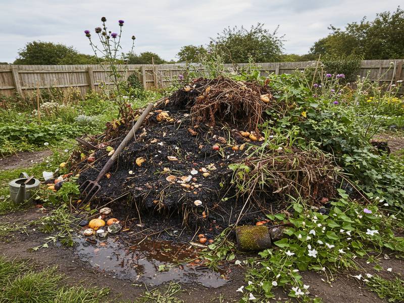 Un tas de compost négligé, trop humide et envahi par les mauvaises herbes.