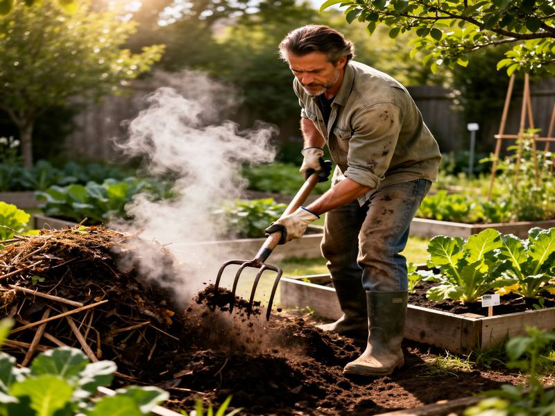 Jardinier utilisant une fourche pour retourner et aérer un compost fumant.