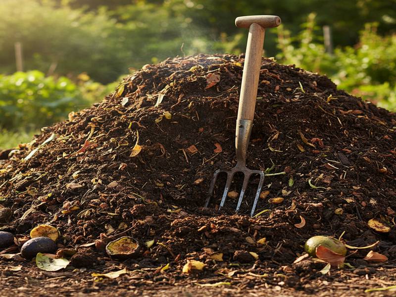 Un tas de compost riche et sombre avec une fourche de jardin et des matières organiques en décomposition.