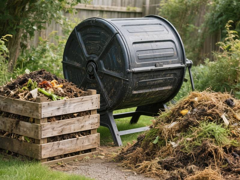 Vue d'ensemble de différents types de composteurs : bac en bois, composteur rotatif, et tas de compost, dans un jardin
