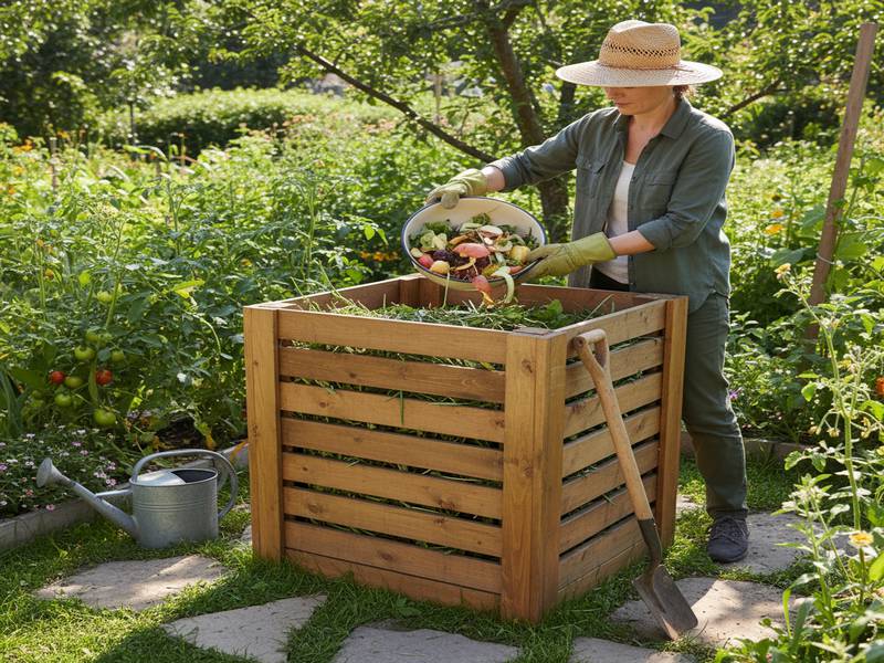 Personne ajoutant des déchets organiques dans un composteur de jardin