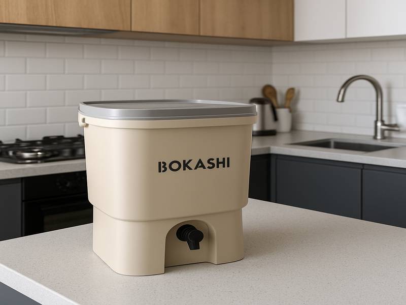 Un seau Bokashi hermétique dans une cuisine moderne