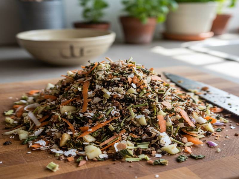 Déchets de cuisine finement hachés avant d'être compostés