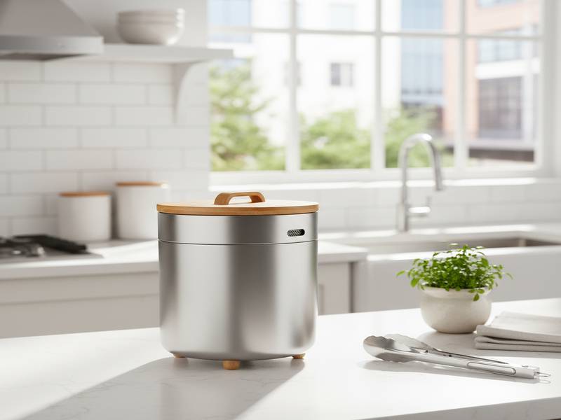 Un composteur de cuisine design et propre sur un plan de travail