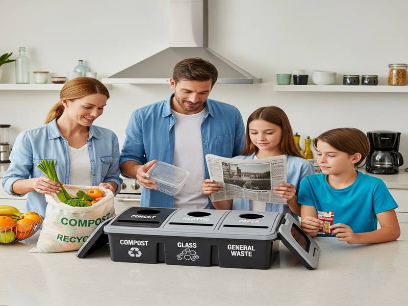 Une famille avec enfants triant ses déchets de cuisine pour le compost