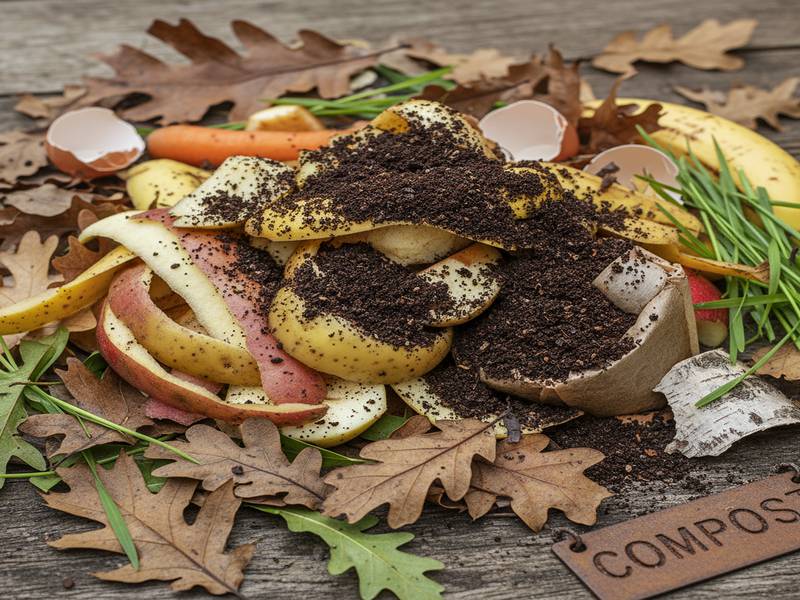 Assortiment de déchets organiques pour le compost : épluchures, feuilles mortes, marc de café