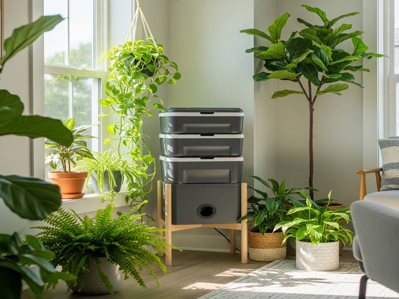Un lombricomposteur moderne dans un appartement lumineux avec des plantes