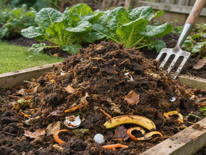 Un tas de compost sain qui ne dégage pas d'odeur, avec des feuilles et des épluchures