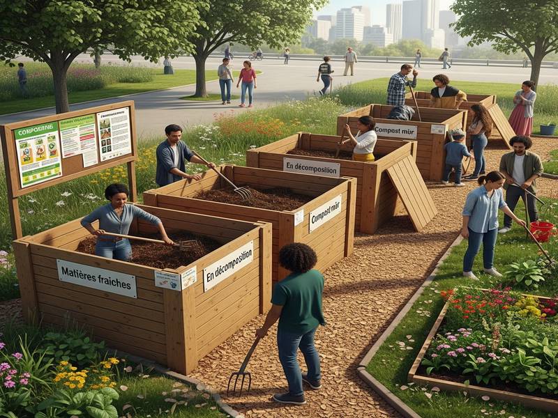 Un groupe de voisins souriants autour d'un composteur partagé dans un jardin de quartier