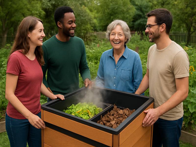 Un site de compostage collectif avec plusieurs bacs en bois, géré par des habitants de la ville