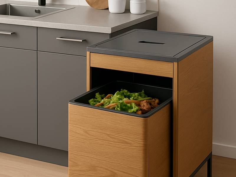 Un composteur d'intérieur moderne et élégant en bois et métal, intégré à une cuisine design