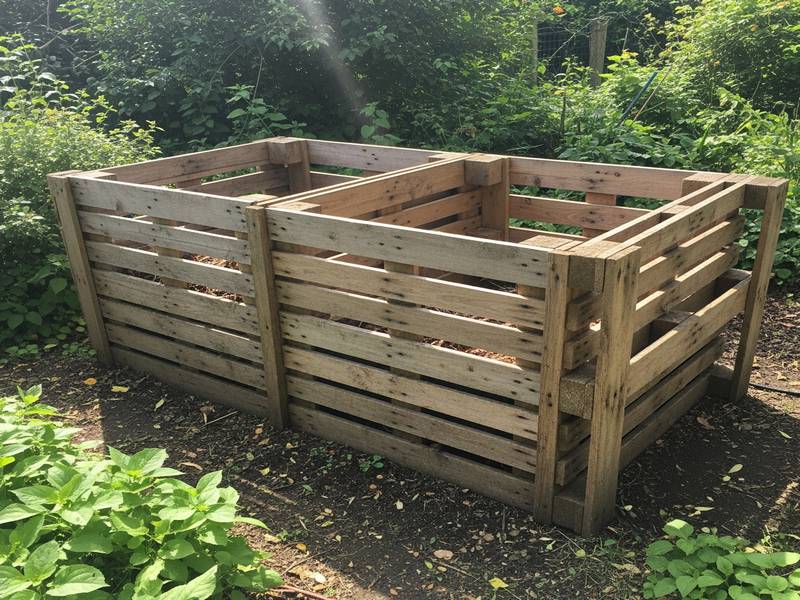 Un composteur à trois compartiments fabriqué en palettes de bois