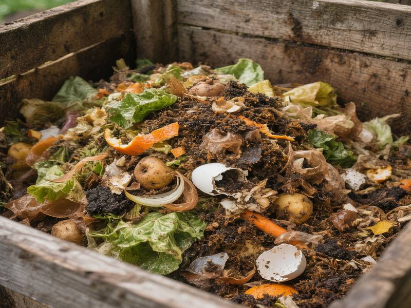 Un tas de déchets alimentaires dans un composteur avec des épluchures et des restes de légumes