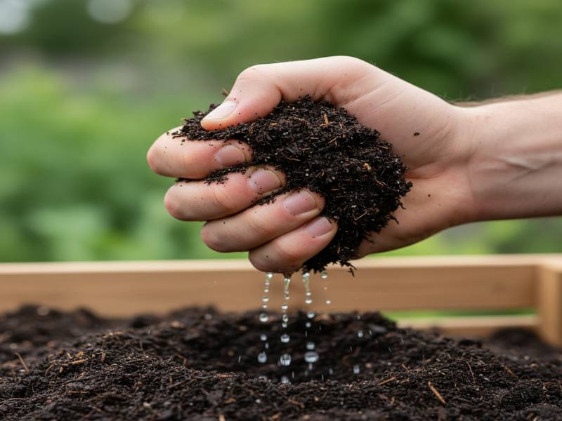 Une main pressant du compost humide, avec quelques gouttes d'eau s'échappant