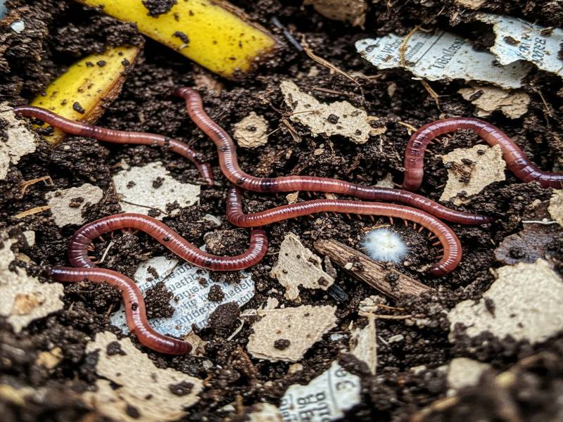Des vers de compost rouges (Eisenia fetida) dans un substrat riche en matière organique