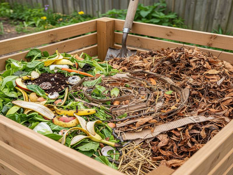Un mélange équilibré de déchets verts (épluchures) et bruns (feuilles mortes, carton) pour le compost