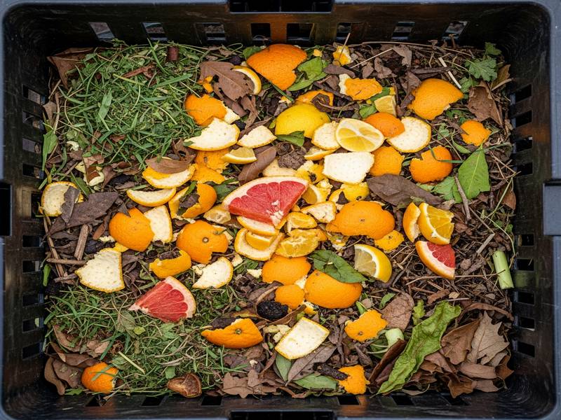 Écorces d'agrumes coupées en petits morceaux dans un composteur