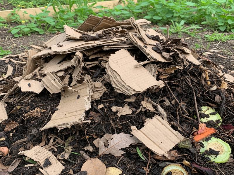 Morceaux de carton brun déchirés dans un tas de compost