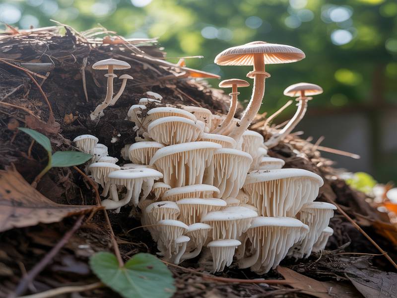 Mycélium blanc et quelques petits champignons poussant dans un tas de compost sain