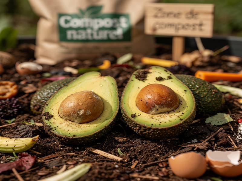 Avocat coupé en deux avec noyau et peau, prêt à être composté